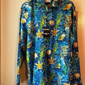 Blue and Yellow Casual Button Down Shirt with Abstract Pattern